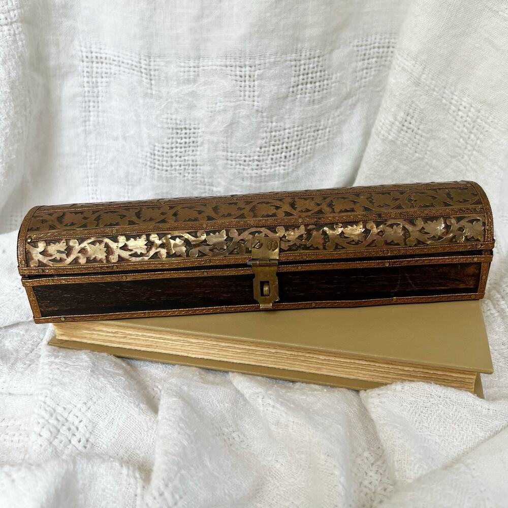 Vintage 70s Wooden Jewelry Box Brass Inlay Keepsake Chest Decorative Box